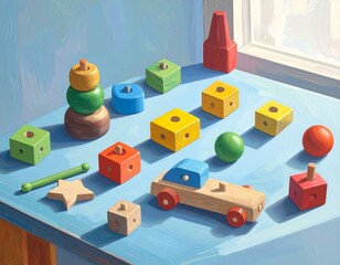 Colorful wooden toys artfully arranged on a light blue surface