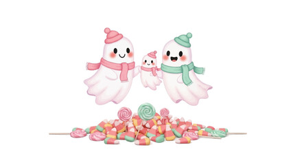 A happy ghost family wearing winter hats and scarves, standing above a pile of colorful candy.
