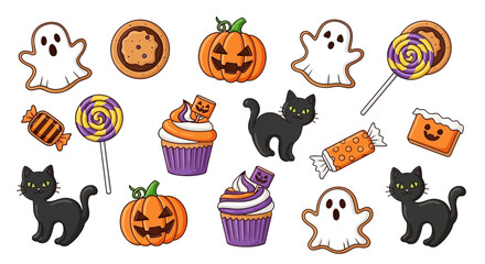 A collection of various cartoon Halloween-themed items including ghosts, black cats, pumpkins, cupcakes, and candies arranged on a white background.