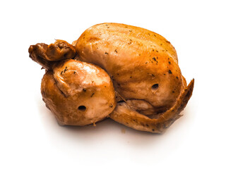 A whole chicken is sitting on a white background. The chicken is brown and has a crispy skin. Popular poultry product cooked to top standard. Food industry.