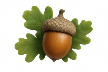 Acorn with green oak leaves isolated, symbolizing autumn, nature, growth, and forest life on transparent background