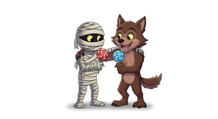 Cartoon illustration of a mummy and a werewolf standing side-by-side, each holding a lollipop, with their arms around each other in a friendly manner.