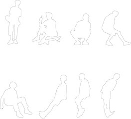 A collection of 8 dynamic people silhouettes showing sitting, squatting, and leaning positions.