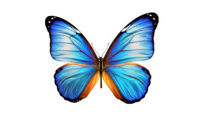 Fototapeta premium Blue and orange morpho butterfly with detailed wings and black background isolated on a transparent background