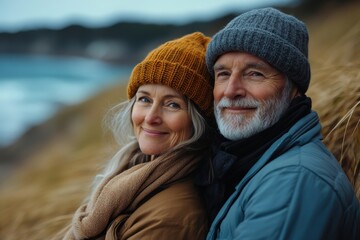 A joyful couple relaxes together on a coastal hilltop during a cool afternoon in early autumn