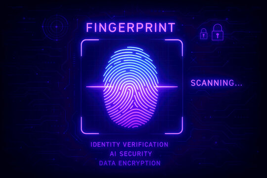 Fingerprint identity verification screen with neon purple and blue glow and security text scanning digital