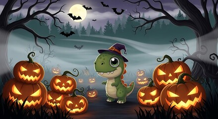 A cute cartoon dinosaur wearing a witch's hat stands among many glowing jack-o'-lanterns in a spooky nighttime forest setting with bats flying overhead under a full moon.