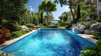 Luxurious Backyard Retreat: Elegant Swimming Pool Surrounded by Lush Summer Paradise