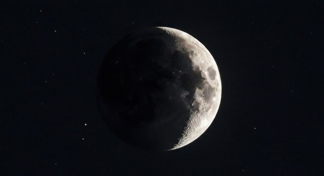 Crescent moon in the night sky, partially illuminated, speckled with stars