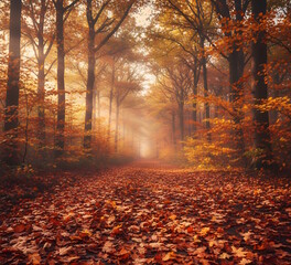 Obraz premium Golden Autumn Forest Path Surrounded by Colorful Red, Orange, and Yellow Fall Leaves in Natural Park Landscape with Soft Morning Fog