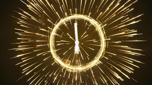 Golden fireworks burst in a vibrant display, transitioning from radiant explosion to a clock face, symbolizing the passage of time and celebration in a dynamic visual sequence