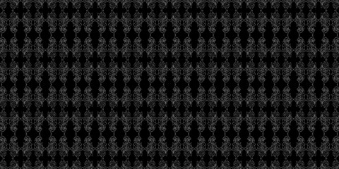 Seamless black and white ornamental pattern with elegant floral swirls and symmetrical design.