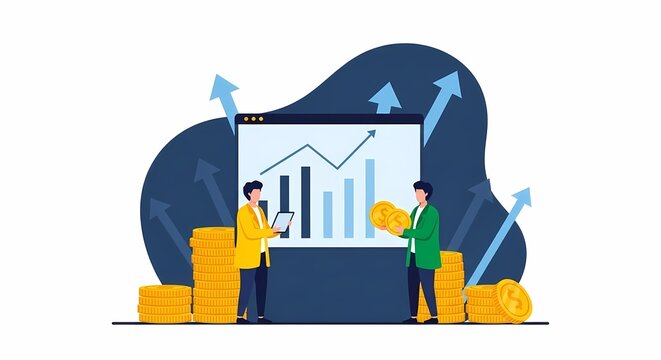 Business partners analyzing financial growth charts and profit trends with gold coins to represent successful corporate investment strategies and monetary progress for stakeholders in a digital