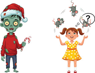 Christmas zombie cartoon, festive horror character, Santa hat monster, cheerful girl with mice, candy cane weapon, quirky holiday humor, Christmas zombie