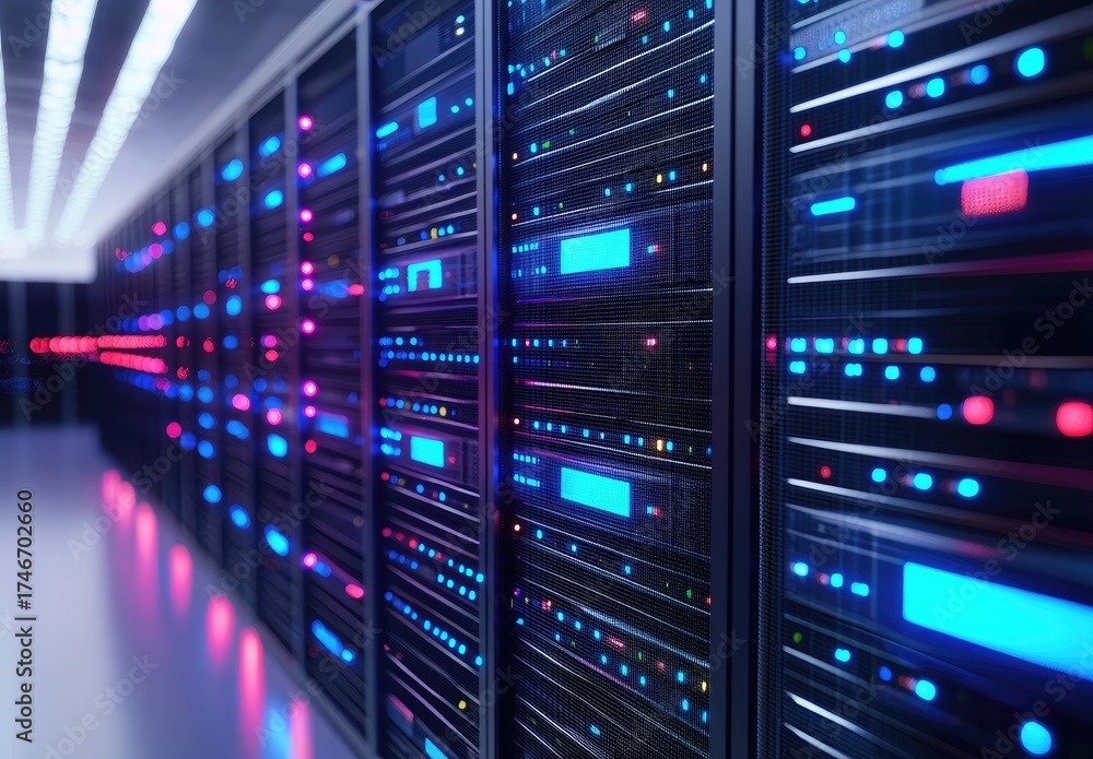 Wall mural modern it server room with illuminated blue and pink led racks in a futuristic corridor, ideal for a