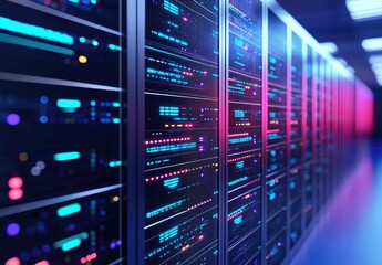 Futuristic IT server room illuminated with neon blue and pink lights, showcasing advanced network racks, ideal for AI computing visuals, data infrastructure, and digital technology concepts