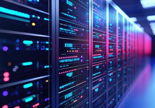 Futuristic IT server room illuminated with neon blue and pink lights, showcasing advanced network racks, ideal for AI computing visuals, data infrastructure, and digital technology concepts