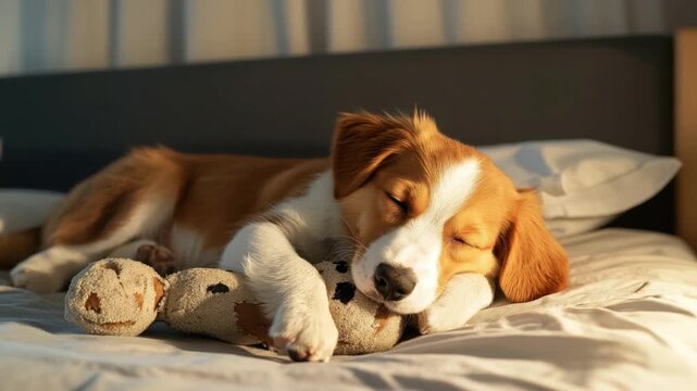 Adorable Puppy Sleeping with Toy on Cozy Bed in Soft Morning Light Capturing a Peaceful and Charming Moment of Innocence 4k video footage