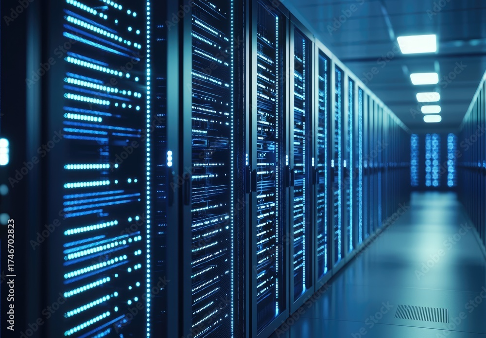 Wall mural futuristic it data center corridor with glowing blue server racks and digital reflections, perfect f