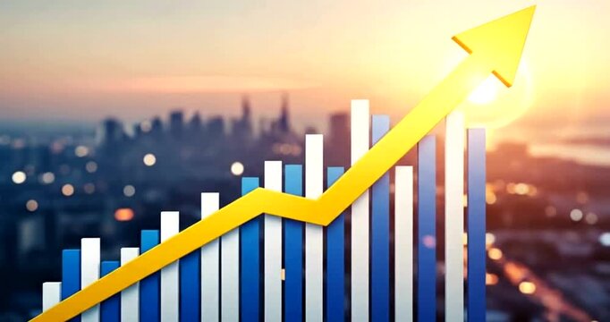 Financial growth chart arrow rising above city skyline at sunset - Powered by Adobe