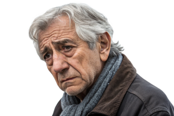 The face of an old man with a stern expression. Pre-cut. Transparent image material. Poverty. Struggling financially. Hardship. Loneliness. Stern. Troubled.