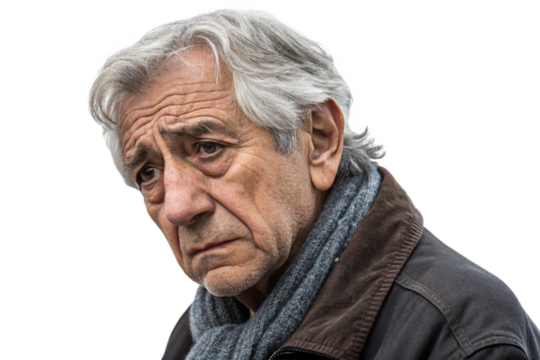 The face of an old man with a stern expression. Pre-cut. Transparent image material. Poverty. Struggling financially. Hardship. Loneliness. Stern. Troubled.