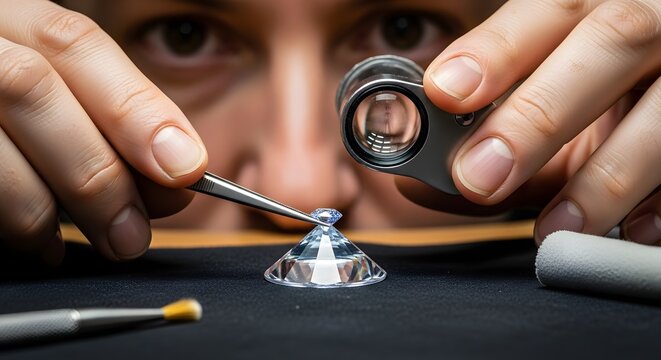 Close-Up of Jeweler Inspecting Diamond with Loupe and Tweezers