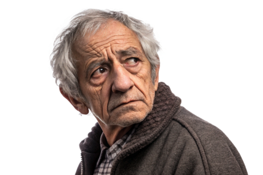 The face of an old man with a stern expression. Pre-cut. Transparent image material. Poverty. Struggling financially. Hardship. Loneliness. Stern. Troubled.