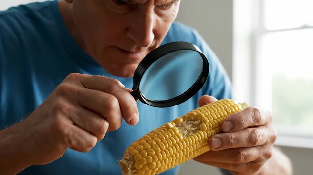 A man examines corn with a magnifying glass, highlighting the details of corn kernels. The man focuses on the corn, observing each corn kernel closely and carefully.