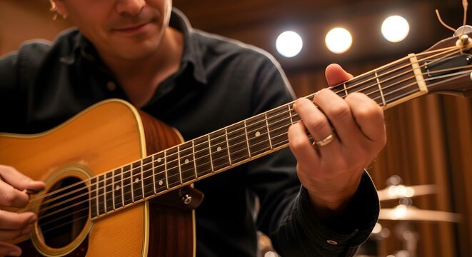 Close-up of a musician's hands skillfully strumming an acoustic guitar, creating beautiful music with dedication and passion in a warm, intimate setting