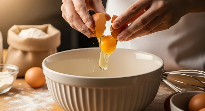 Close-up shot of a person cracking a fresh, raw egg into a ceramic mixing bowl while preparing to bake