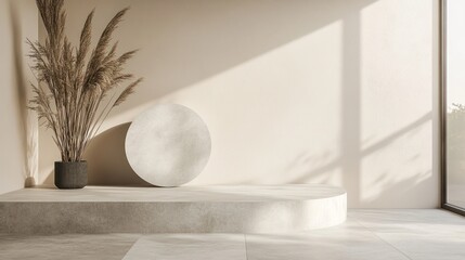 Minimalist beige room with display podium and pampas grass