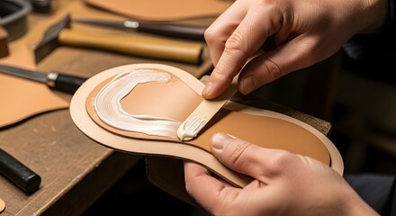 Shoemaker applying glue to a leather sole during the shoe manufacturing process