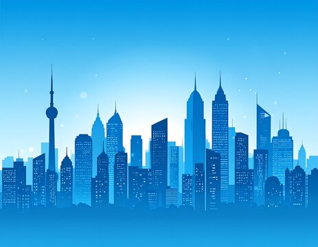 Silhouette of a futuristic cityscape in shades of blue. Skyscrapers, antennas, and a clear sky create a modern urban view. Detailed buildings and windows form the city's shape