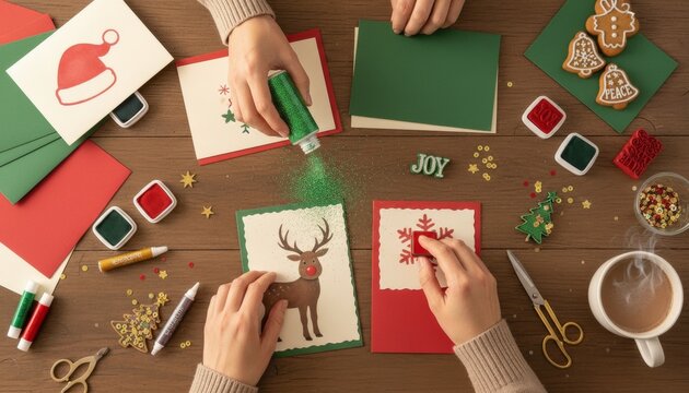 Christmas card crafting with holiday decorations and homemade festive cookies.