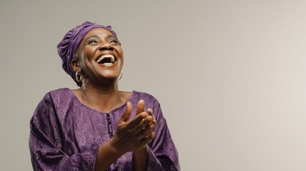 Photorealistic image of a happy elderly African woman clapping hands with excitement, joyful expression and radiant smile, copyspace background, generative ai illustration.