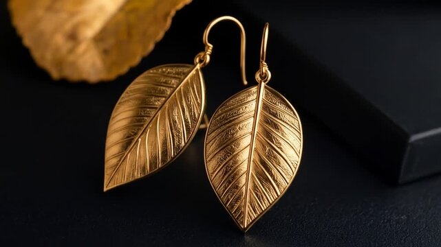 Gold leaf earrings on dark surface