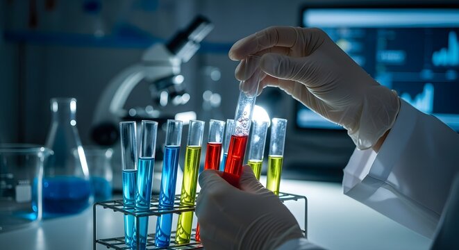 Medical researcher in a state-of-the-art laboratory analyzing colorful chemical samples in test tubes for a scientific breakthrough
