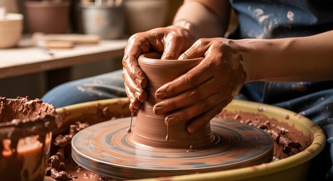 Crafting Clay Hands Shaping a Pottery Masterpiece on the Wheel