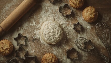 Preparation of dough for baking christmas cookies, top view. Baking dough with cookie cutters and rolling pin on wooden background.