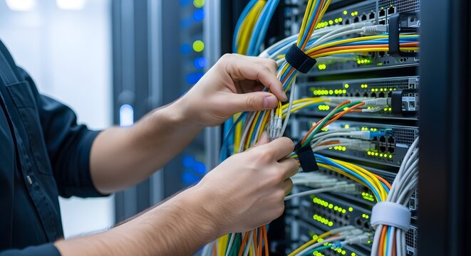 IT professional's hands carefully connect and organize colorful network cables within a high-density server rack, ensuring optimal data center performance and robust infrastructure