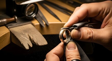 Skilled hands of a goldsmith meticulously polishing a precious metal ring at a traditional jewelry workshop