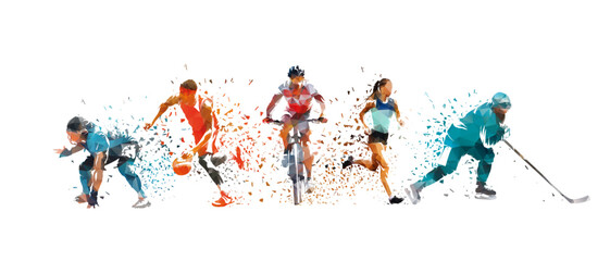 Sports, group of lowpoly collage of five athletes - mountain biking, running, ice hockey, basketball and American football.