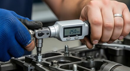 Skilled technician utilizing a digital torque wrench for precise fastening of engine components, ensuring accurate torque application in industrial manufacturing and quality assurance processes