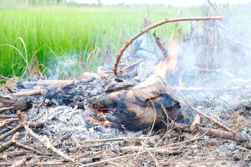 Burning a pile of garbage with a cloud of smoke.