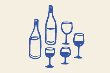Wine bottles and glasses doodle sketch hand drawn vector illustration