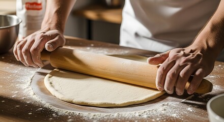 Hands Rolling Dough with a Wooden Pin in a Floury Kitchen