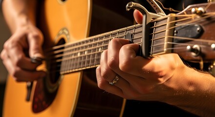 Obraz premium Close-up of a Musician Playing Acoustic Guitar with Capo