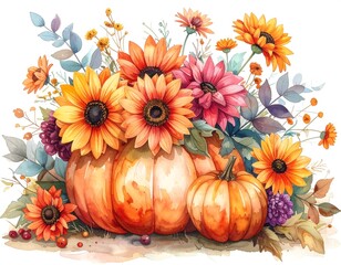 A vibrant watercolor still life features orange pumpkins surrounded by colorful sunflowers, dahlias, and foliage, perfect for autumn