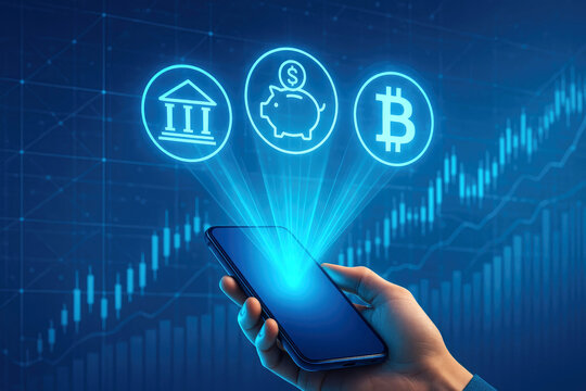 Hand holding smartphone displaying financial icons and stock market graph 